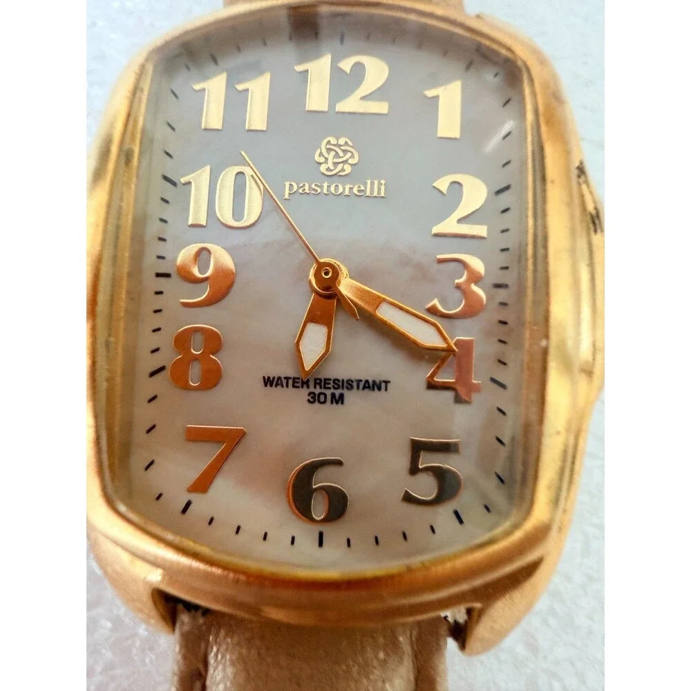 Vintage Pastorelli Tonneau Gold Watch Swiss Parts Mother of Pearl Dial Leather